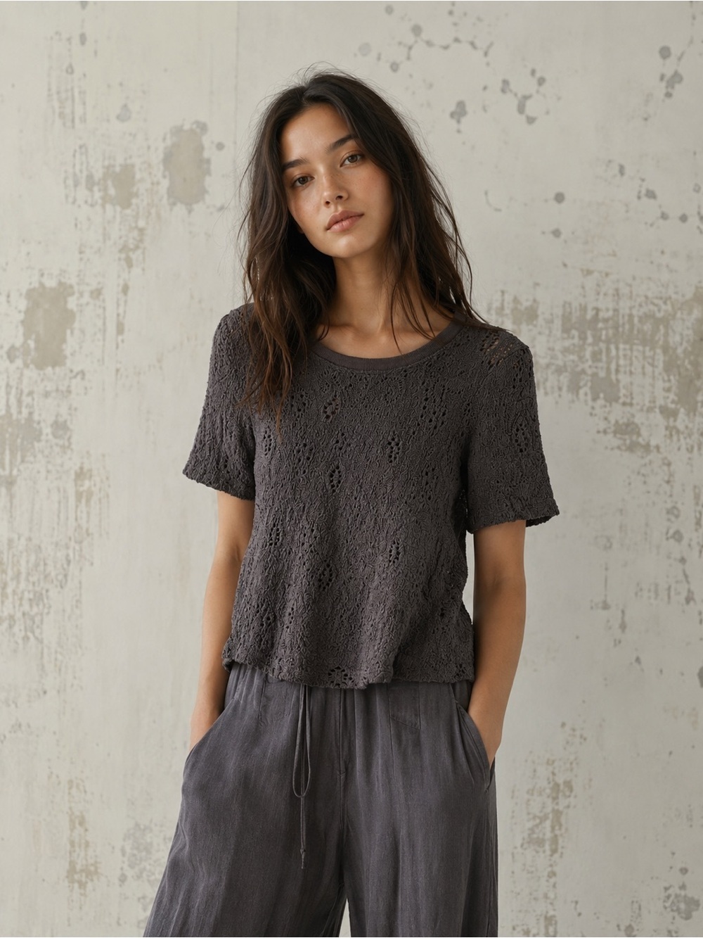 Raquel Allegra Short Sleeve Crochet Top - Charcoal Gray Hand Made